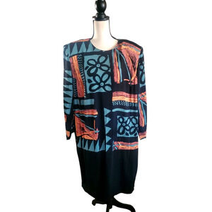 Vintage K. C. Spencer Black Teal Green Wearable Art Midi Shift Dress L/S Sz 16